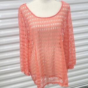 Coral Crochet Knit Top Sheer Elbow Short Sleeve Scoop Neck